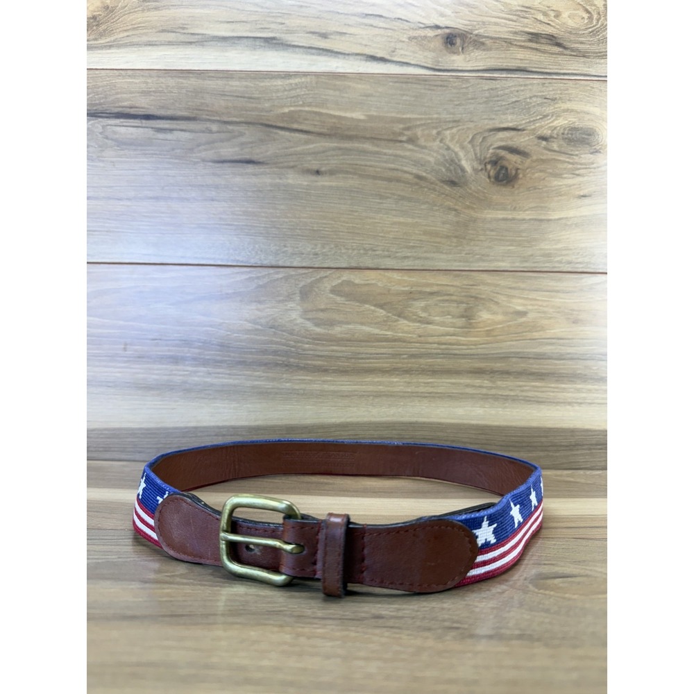 Smathers & Branson Needlepoint Belt Mens Size 32 Brown Leather American Flag